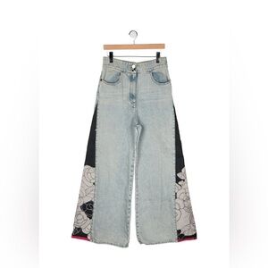 SOLD! CHANEL Light Blue Wide Leg Jeans with Black Floral Panels